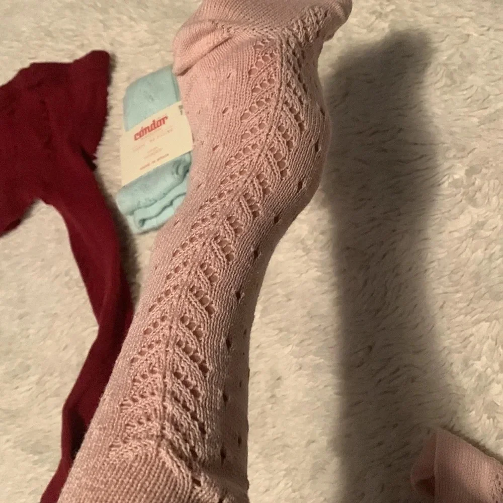 Condor tights open work crocheted pink lavender and aqua size 1 rust red size 2